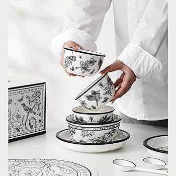Amazon.co.jp: 1人食セット 白黒花柄 食器セット 碗 お皿セット